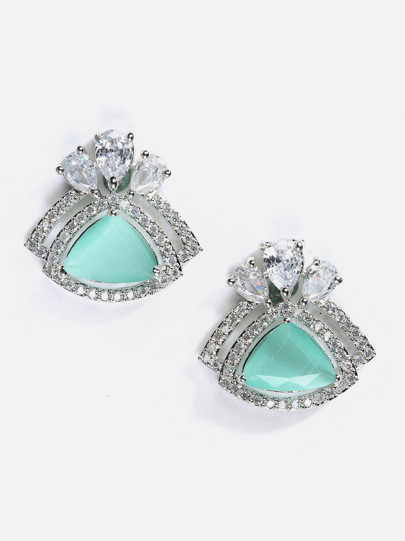 Sea Green American Diamond Triangular Shaped Rhodium-Plated with Silver-Tone Studs Earrings