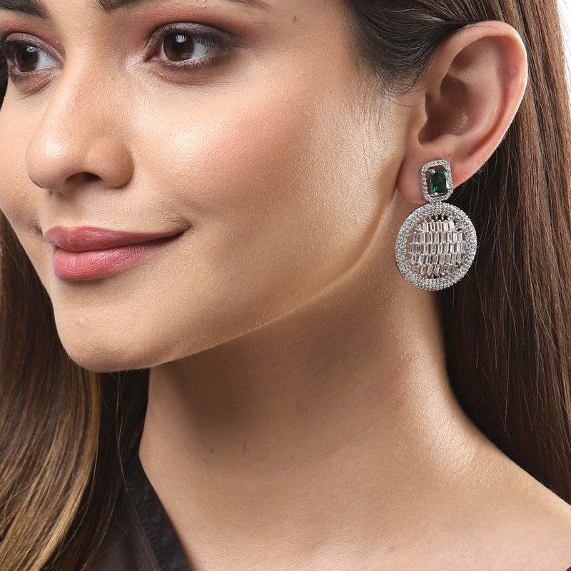 Green American Diamond Studded Geometric Shaped Rhodium-Plated with Silver-Tone Drop Earrings