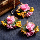 Gold-Plated Pearl Yellow & Pink Gota Patti Flower Maang Tikka Set