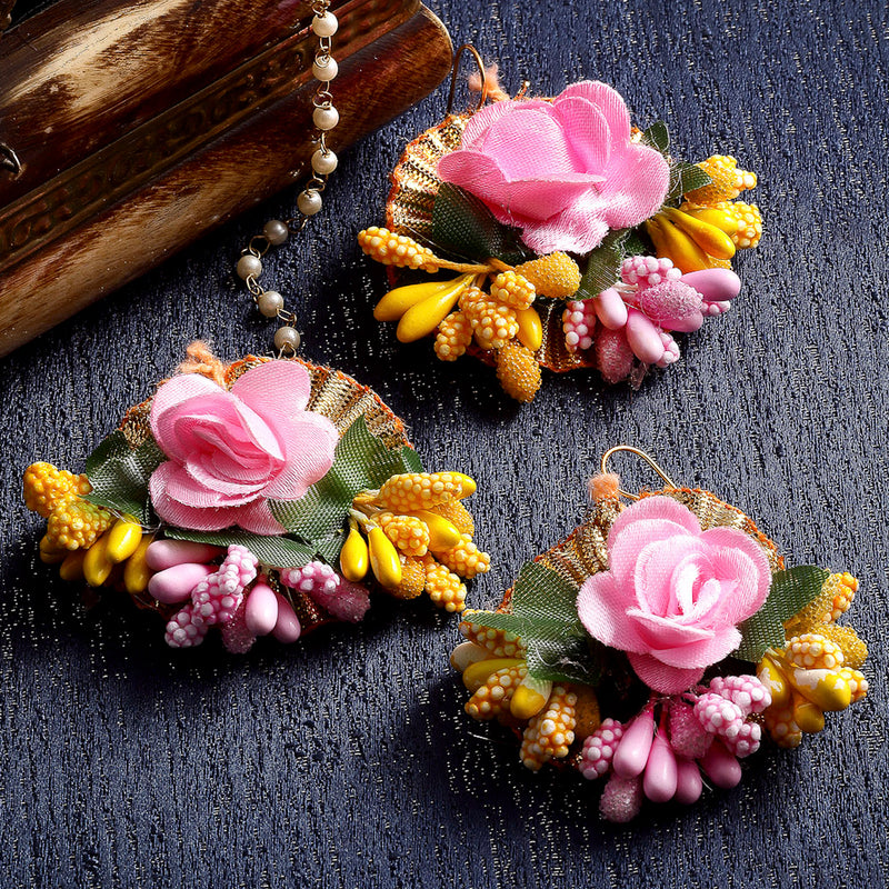 Gold-Plated Pearl Yellow & Pink Gota Patti Flower Maang Tikka Set
