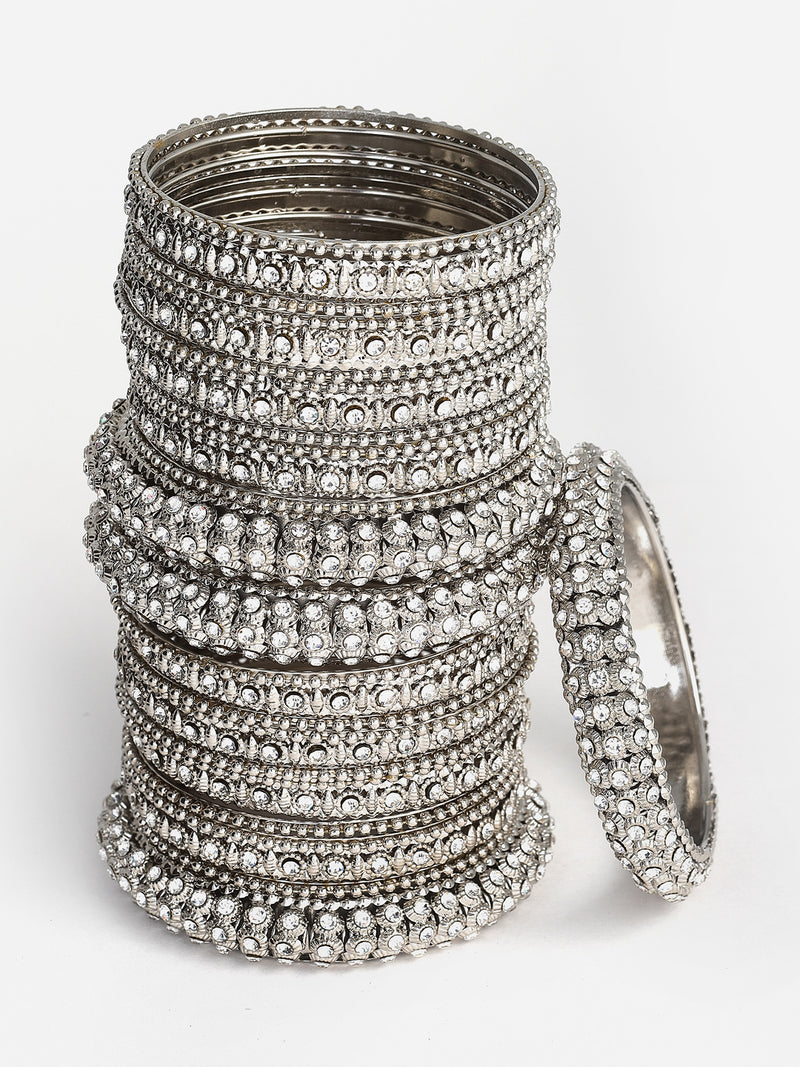 Rhodium-Plated with Silver-Tone Set of 28 Textured Oxidized Bangles