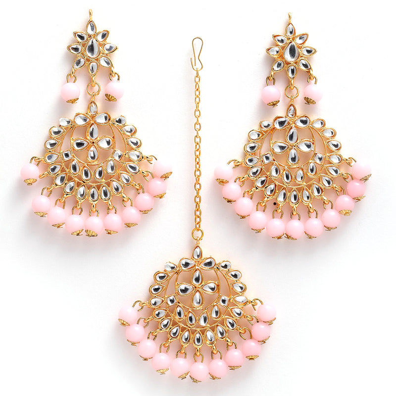 Gold-Plated Pink Pearl & Kundan Studded Maang Tikka With Earrings