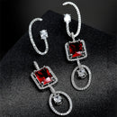Red Geometric Shaped Rhodium-Plated with Silver-Tone Drop Earrings