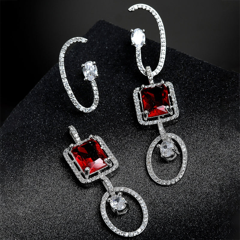 Red Geometric Shaped Rhodium-Plated with Silver-Tone Drop Earrings