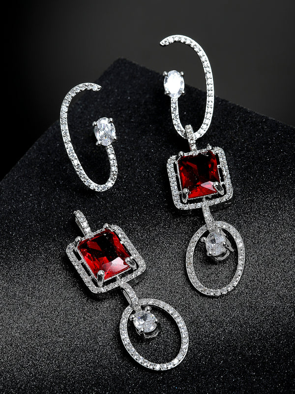 Red Geometric Shaped Rhodium-Plated with Silver-Tone Drop Earrings