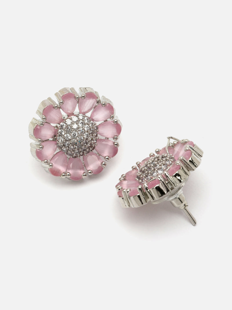Rhodium-Plated Pink American Diamond studded Floral Handcrafted Stud Earrings
