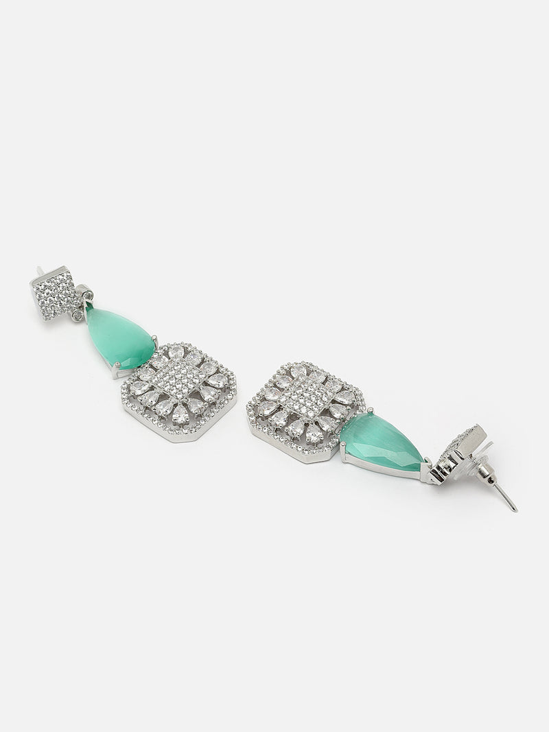 Rhodium-Plated Sea Green & White American Diamond studded Square & Teardrop Drop Earrings