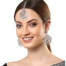 Rhodium Plated White American Diamond Bead Drops Modern Maang Tikka & Earring