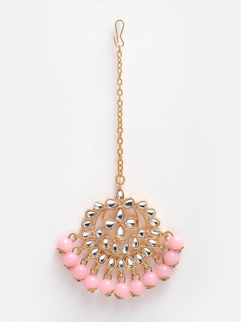 Pink Pearl Studded Handcrafted Kundan Maang Tika and Matching Earring Jewellery