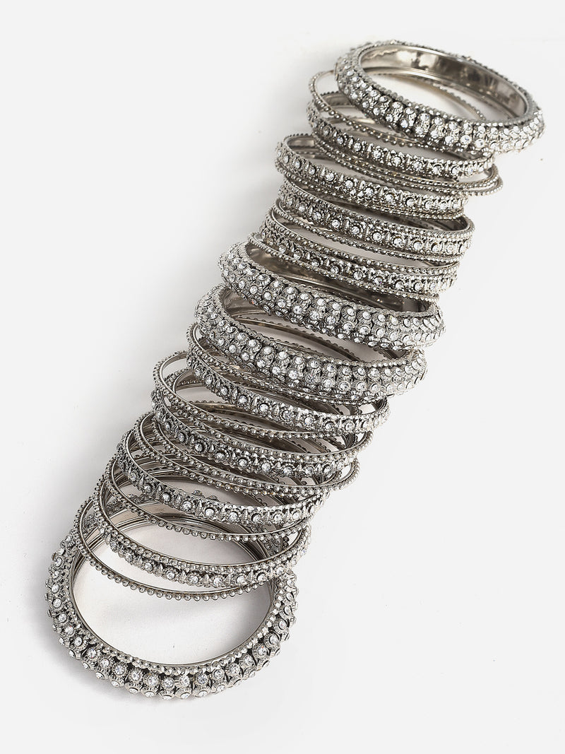 Rhodium-Plated with Silver-Tone Set of 28 Textured Oxidized Bangles