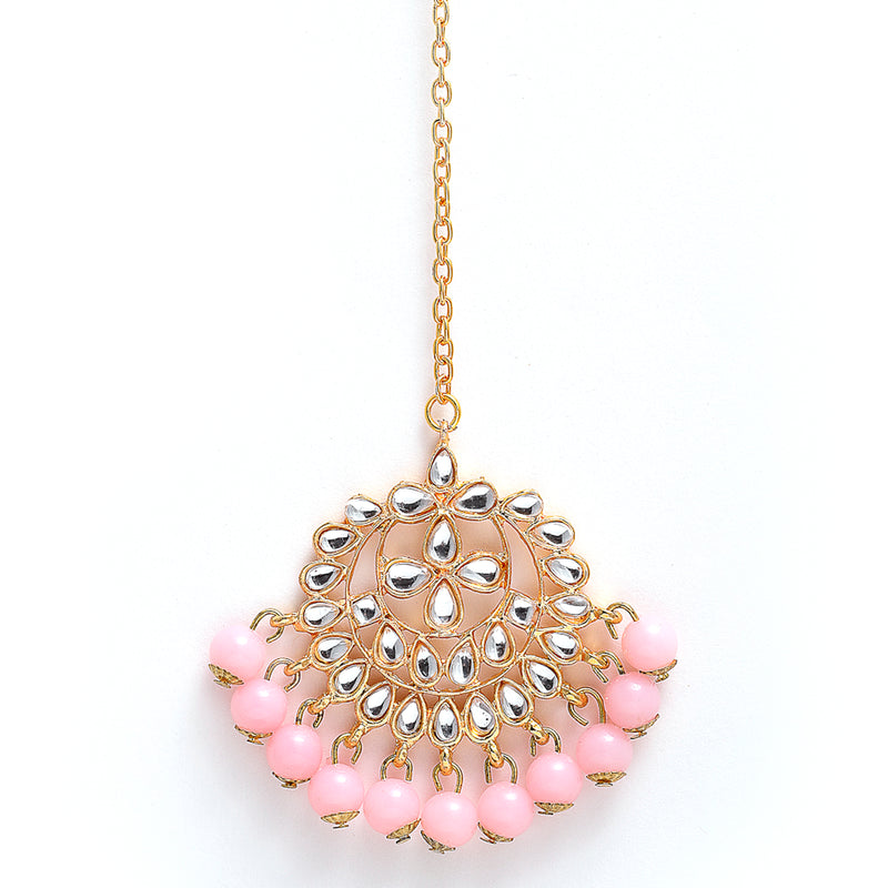 Gold-Plated Pink Pearl & Kundan Studded Maang Tikka With Earrings