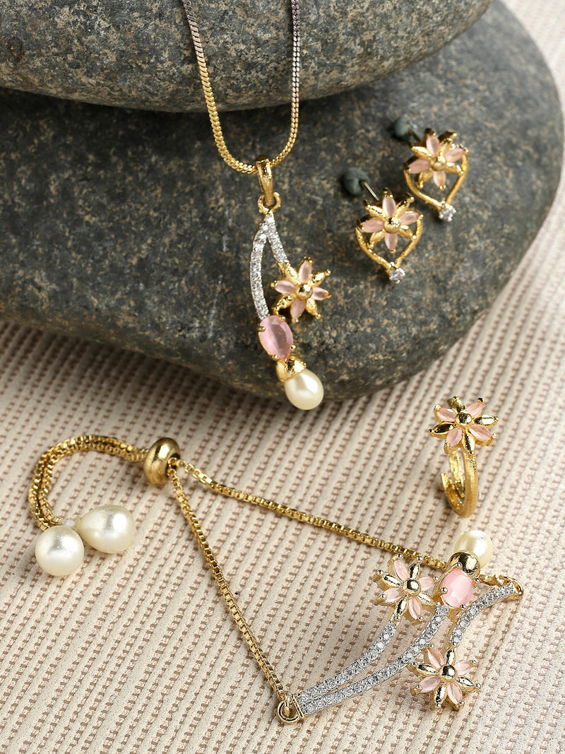 Gold Plated American Diamond, Pearl White Beads And Pink Crystal Necklace Set With Pendant, Earring And Ring