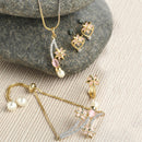 Gold Plated American Diamond, Pearl White Beads And Pink Crystal Necklace Set With Pendant, Earring And Ring