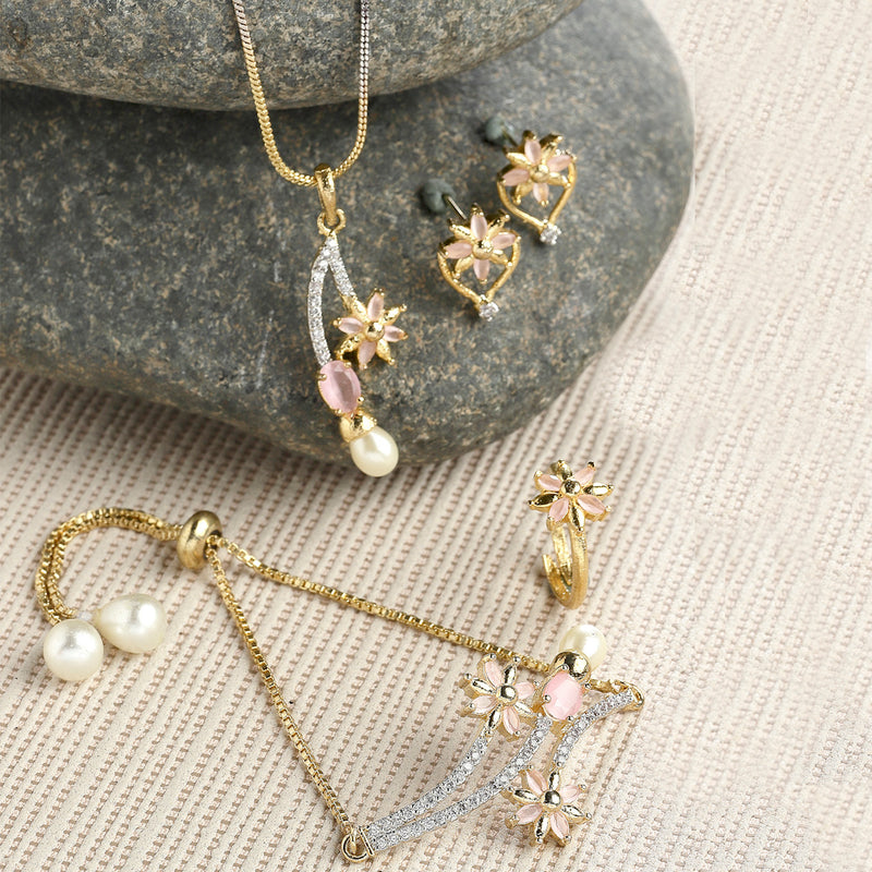 Gold Plated American Diamond, Pearl White Beads And Pink Crystal Necklace Set With Pendant, Earring And Ring