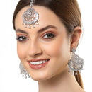 Rhodium Plated White American Diamond Bead Drops Modern Maang Tikka & Earring