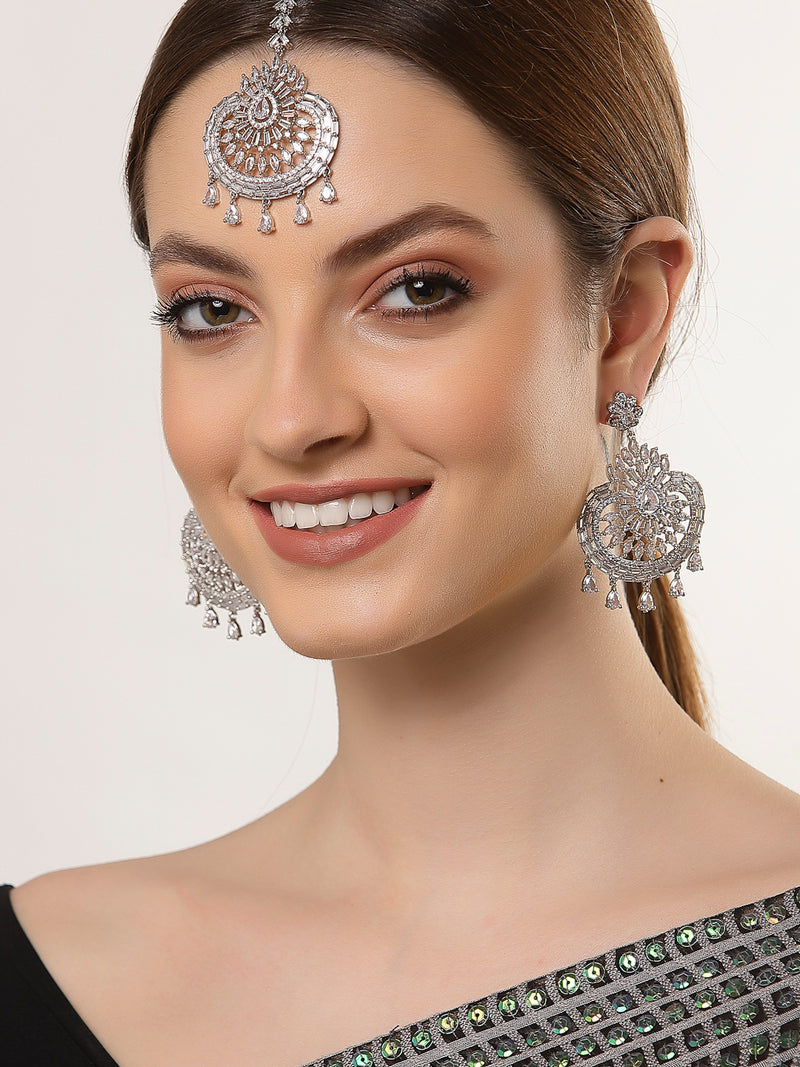 Chandbali Styled Design Rhodium-Plated with Silver-Toned White American Diamond-Studded Maang Tikka And Earrings Set