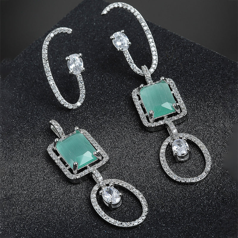 Sea Green Geometric Shaped Rhodium-Plated with Silver-Tone Drop Earrings