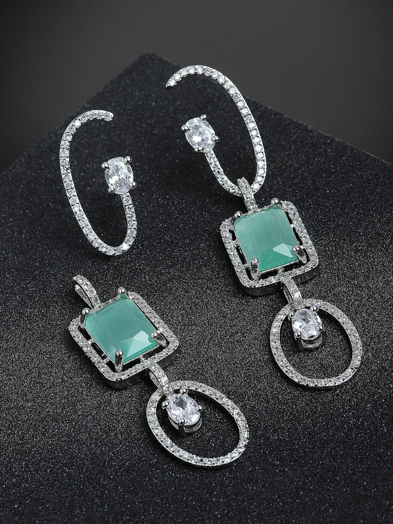 Sea Green Geometric Shaped Rhodium-Plated with Silver-Tone Drop Earrings