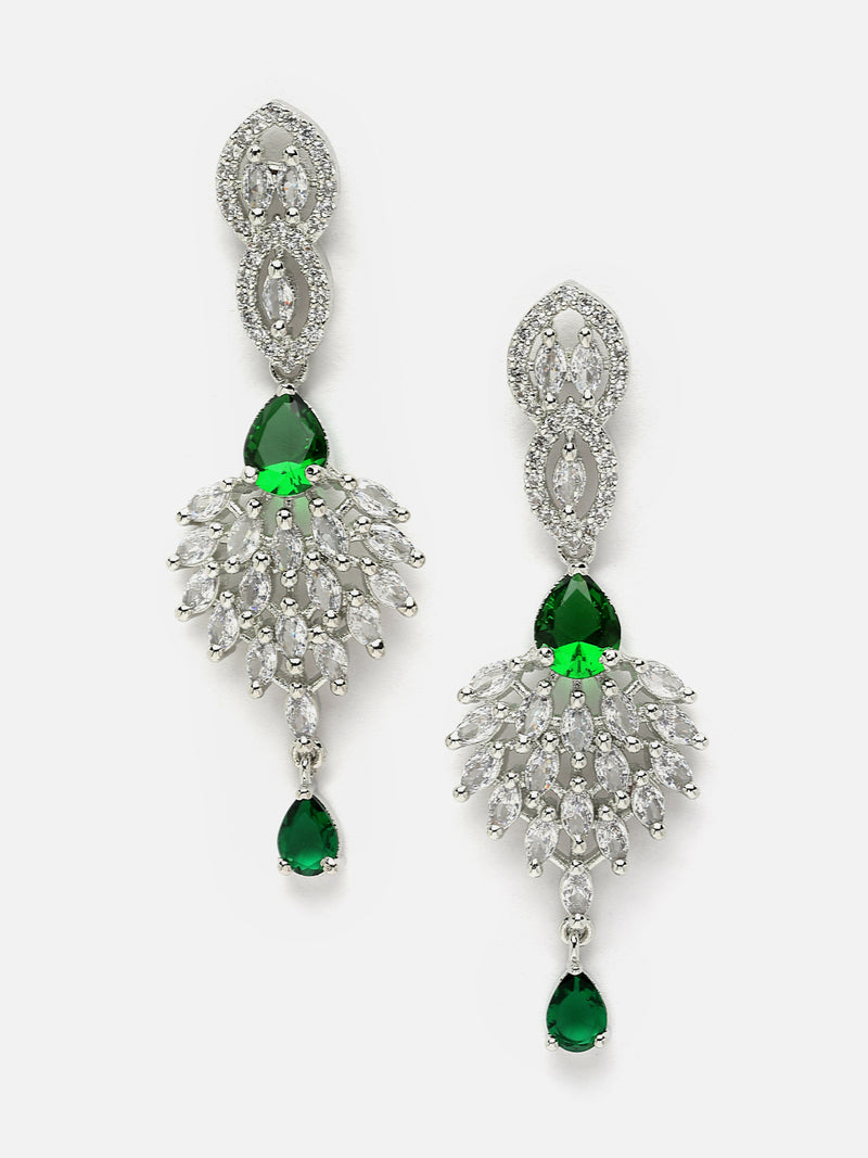 Rhodium-Plated Green American Diamond studded Handcrafted Spiked Drop Earrings