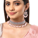 Rhodium-Plated with Silver-Tone Pink Kundan-Studded & Beaded Jewellery Set