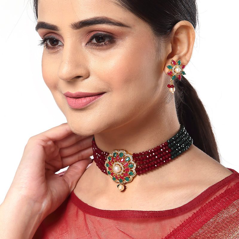 Red & Green Gold-Plated American Diamond Stone Studded & Beaded Jewellery Set