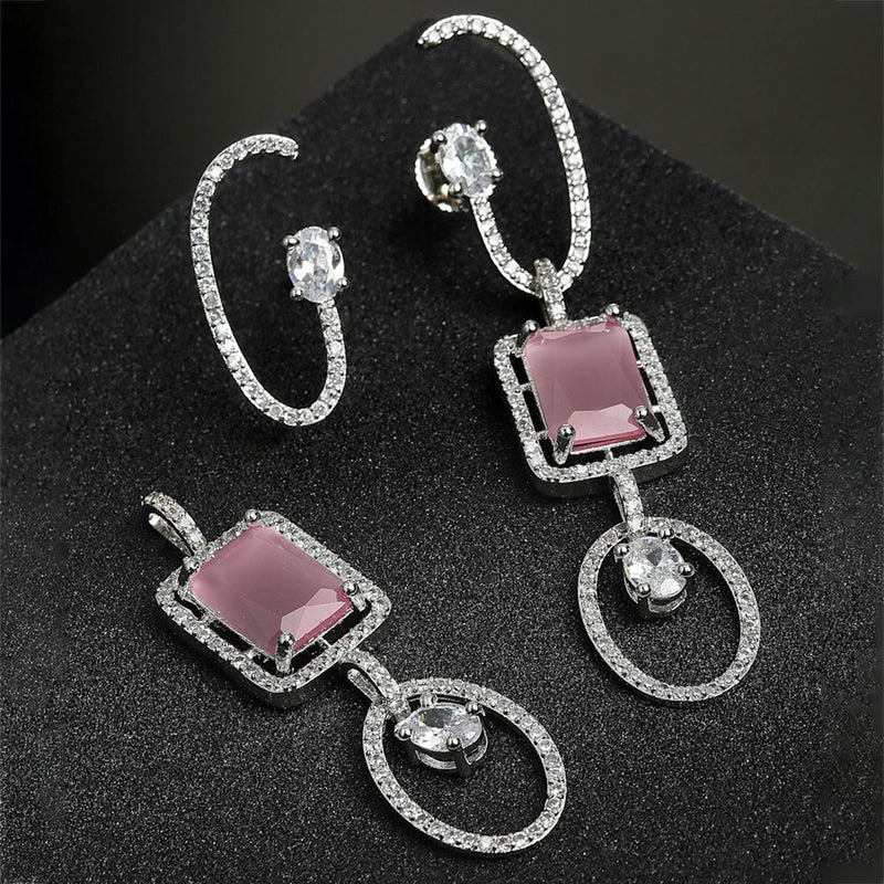 Pink Geometric Shaped Rhodium-Plated with Silver-Tone Drop Earrings