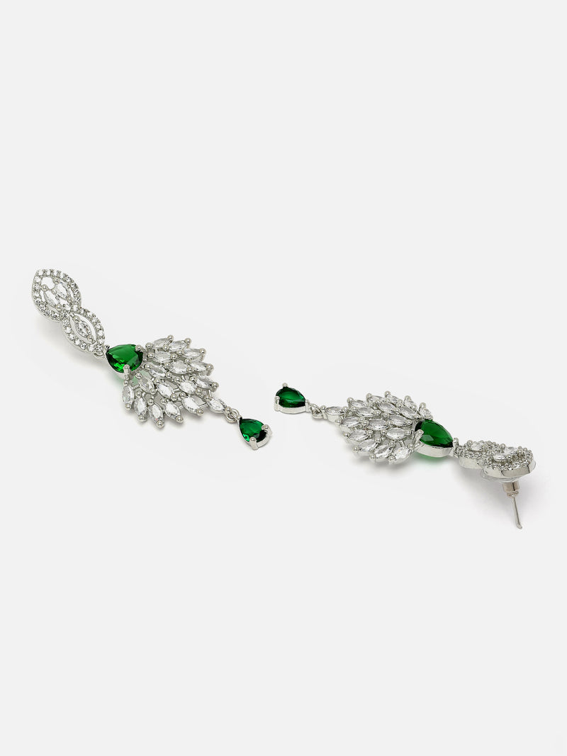 Rhodium-Plated Green American Diamond studded Handcrafted Spiked Drop Earrings