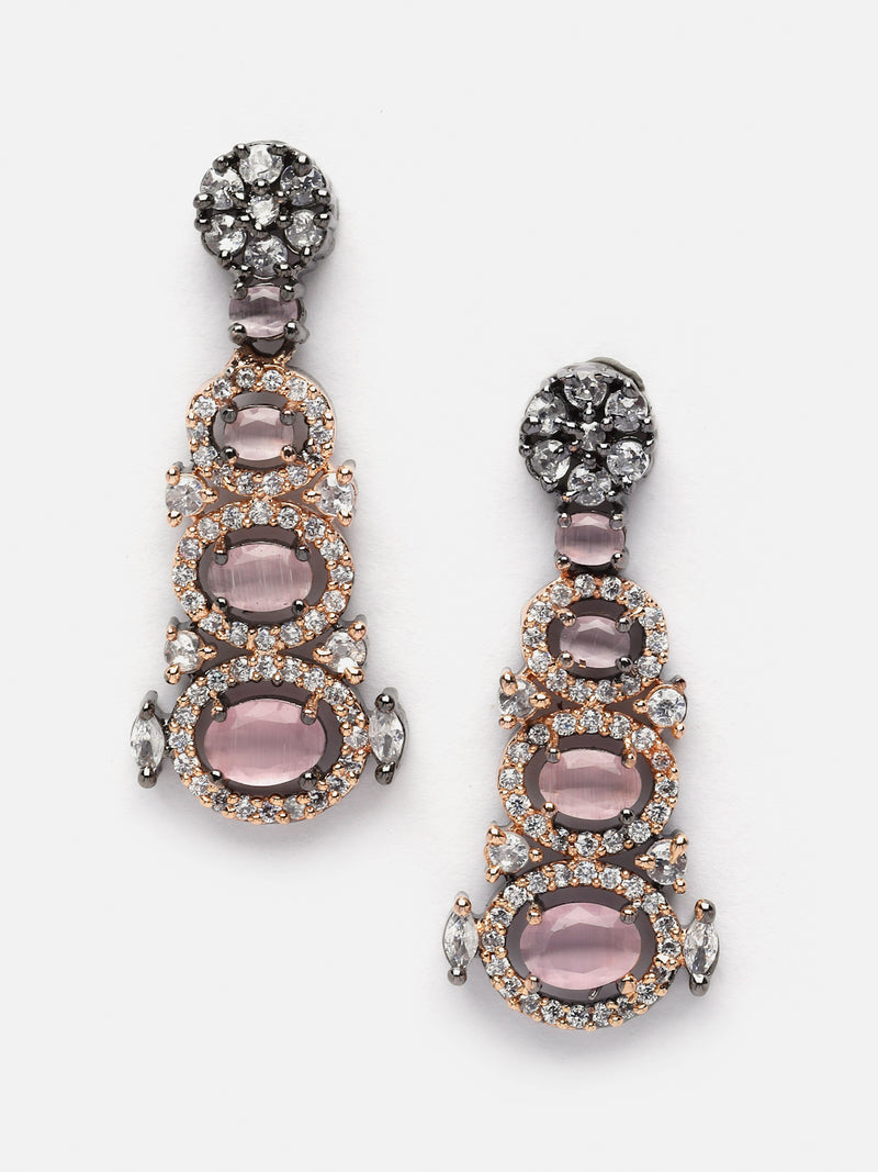 Rose Gold-Plated Gunmetal Toned Pink American Diamond studded Quirky Shaped Drop Earrings