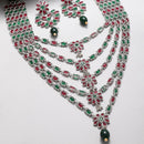 Rhodium-Plated with Silver-Tone Green & Red Kundan-Studded Layered Jewellery Set