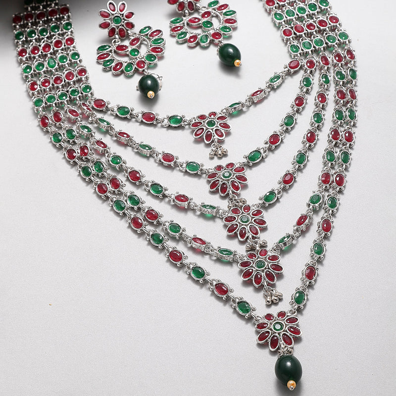 Rhodium-Plated with Silver-Tone Green & Red Kundan-Studded Layered Jewellery Set