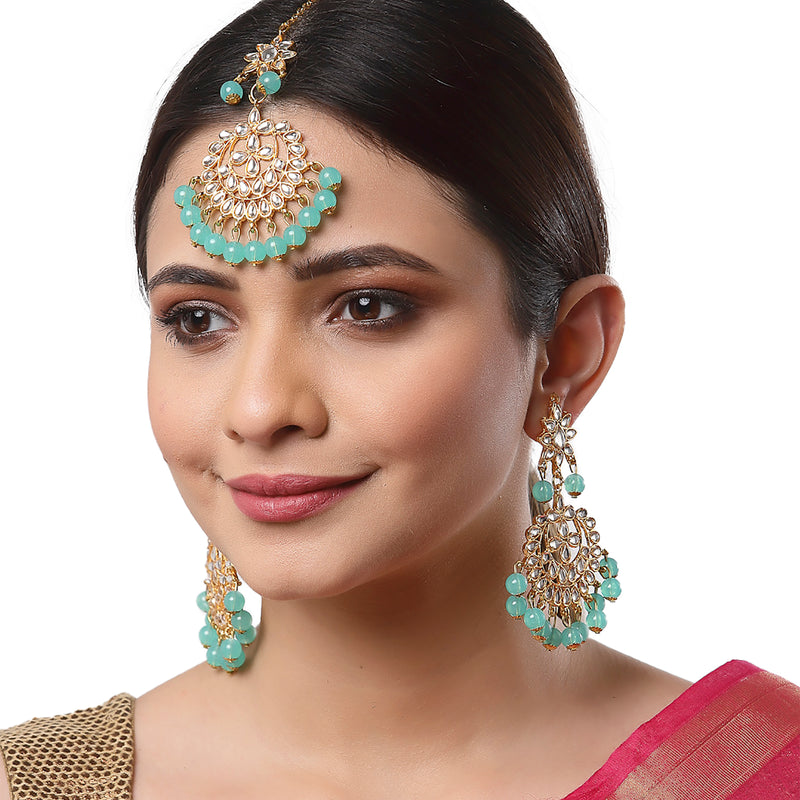 Gold-Plated Sea Green Pearl & Kundan Studded Maang Tikka With Earrings