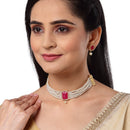 Red & White Gold-Plated  American Diamond Stone-Studded & Beaded Jewellery Set