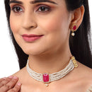 Red & White Gold-Plated  American Diamond Stone-Studded & Beaded Jewellery Set