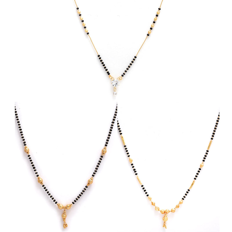 Set Of 3 Gold-Plated Black & White CZ-Studded Beaded Mangalsutra
