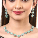 Rhodium-Plated with Silver-Tone Sea Green American Diamond Studded Jewellery Set