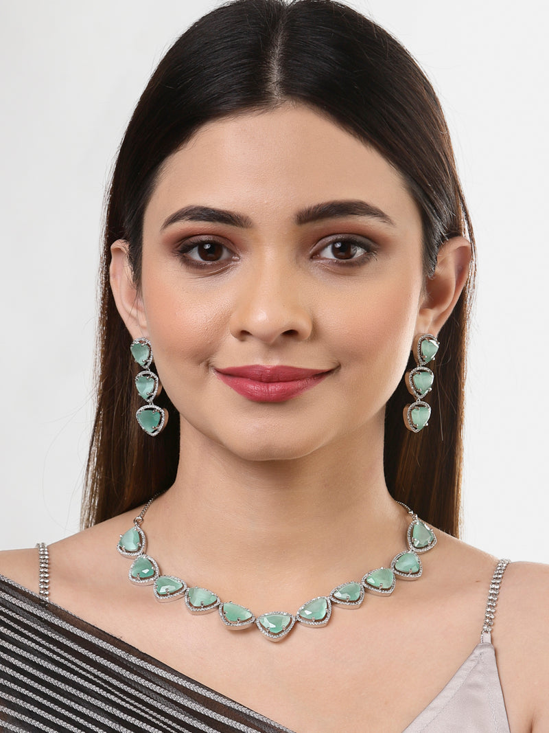 Rhodium-Plated with Silver-Tone Sea Green American Diamond Studded Jewellery Set