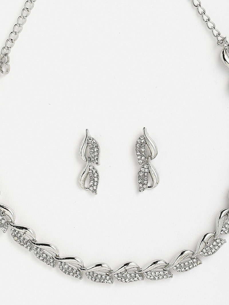 Leaf Shaped Silver-Plated & White American Diamond Studded Jewellery Set Combo