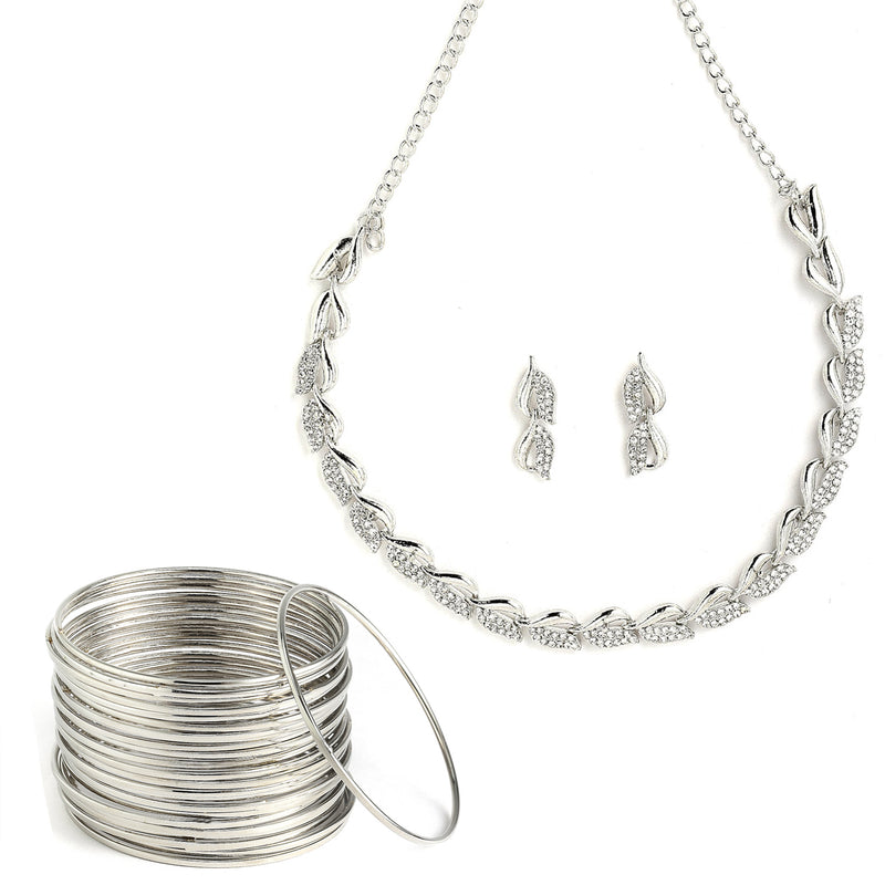 Leaf Shaped Silver-Plated & White American Diamond Studded Jewellery Set Combo