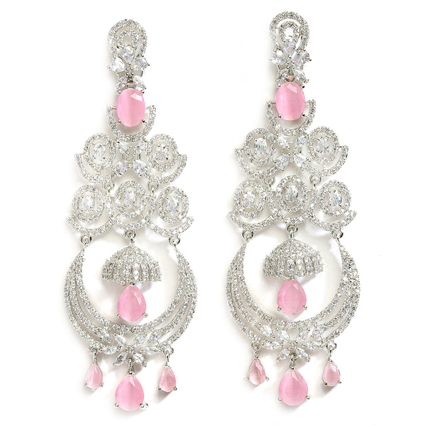 Pink & White Rhodium-Plated with Silver-Tone American Diamond Chandelier Earrings