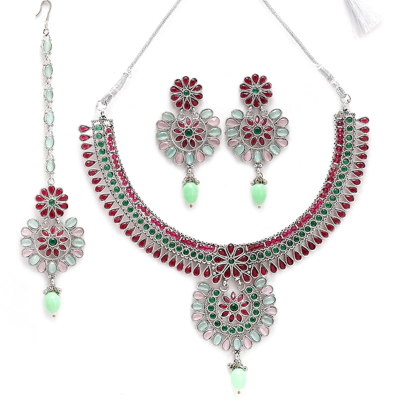 Rhodium-Plated with Silver-Tone American Diamond Stone-Studded Jewellery Set