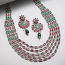 Rhodium-Plated with Silver-Tone Green & Red Kundan-Studded Layered Jewellery Set