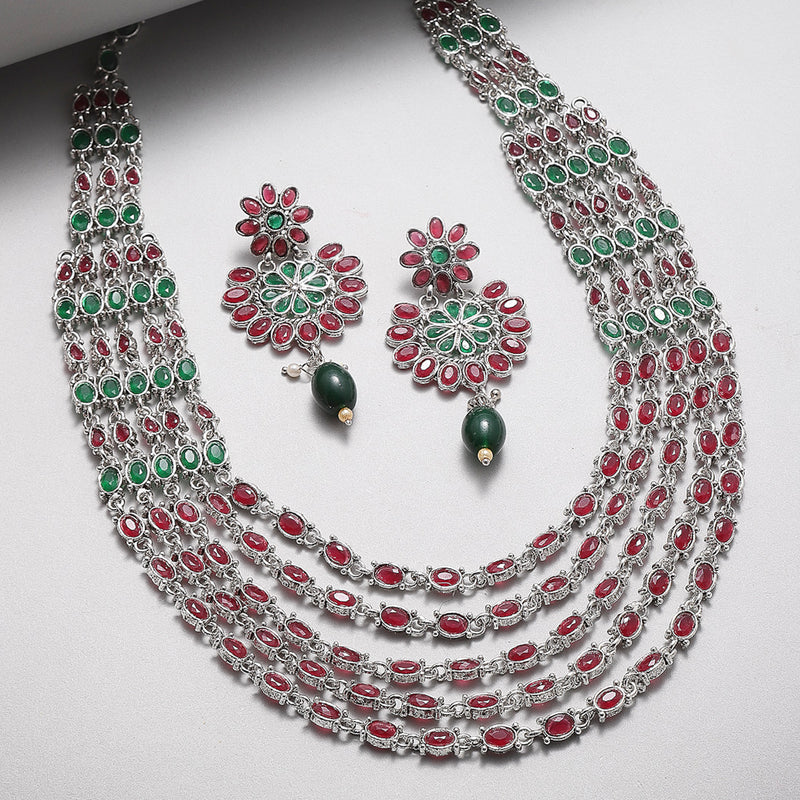 Rhodium-Plated with Silver-Tone Green & Red Kundan-Studded Layered Jewellery Set