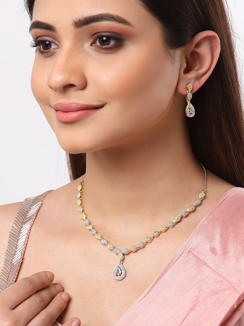 Zeneme Fascinating Gold Tone Necklace Set & Earring Adorned with American Diamond Jewellery for Women and Girl