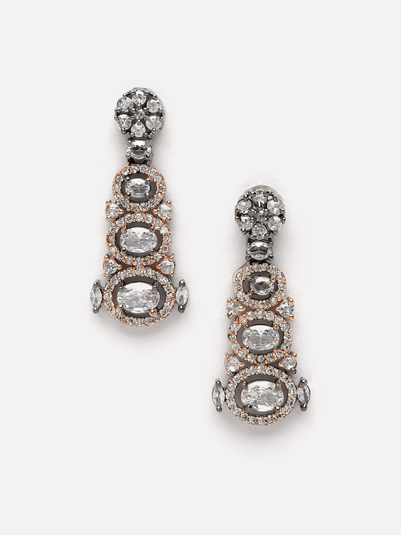 Rose Gold-Plated Gunmetal Toned White American Diamond studded Quirky Shaped Drop Earrings