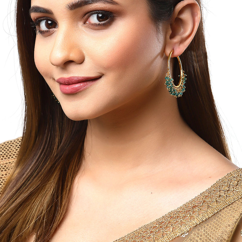 Sea Green & Gold-Toned Cubic Zirconia Circular Hoop Earrings