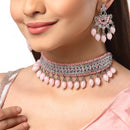 Rhodium-Plated with Silver-Tone Pink Kundan-Studded & Beaded Jewellery Set
