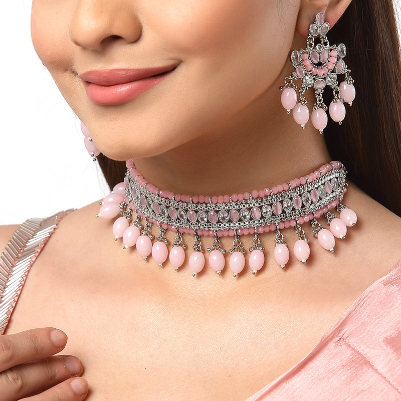 Rhodium-Plated with Silver-Tone Pink Kundan-Studded & Beaded Jewellery Set