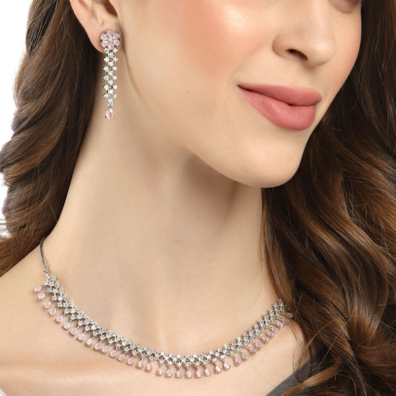 Rhodium-Plated with Silver-Tone Pink American Diamond-Studded Jewellery Set