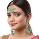 Gold-Plated Sea Green Pearl & Kundan Studded Maang Tikka With Earrings