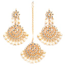 Gold-Plated White Pearl & Kundan Studded Maang Tikka With Earrings